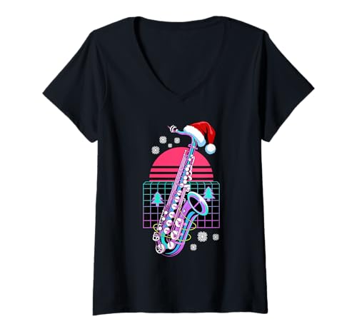 Damen Weihnachten Synthwave Saxophon Saxophonist Saxophonspieler T-Shirt mit V-Ausschnitt Damen Weihnachten Synthwave Saxophon Saxophonist Saxophonspieler T-Shirt mit V-Ausschnitt von Saxophone Gift For A Saxophonist
