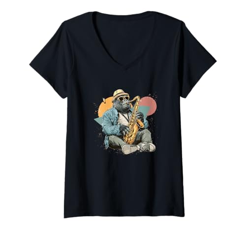 Damen Lustiger Musiker Gorilla mit Saxophon Kostüm T-Shirt mit V-Ausschnitt Damen Lustiger Musiker Gorilla mit Saxophon Kostüm T-Shirt mit V-Ausschnitt von Saxophone Gorilla Outfit