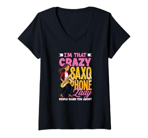 Damen I'm That Crazy Saxophon Lady Lustiges Saxophon T-Shirt mit V-Ausschnitt Damen I'm That Crazy Saxophon Lady Lustiges Saxophon T-Shirt mit V-Ausschnitt von Saxophone Musician Jazz Band Gifts and Gift Ideas