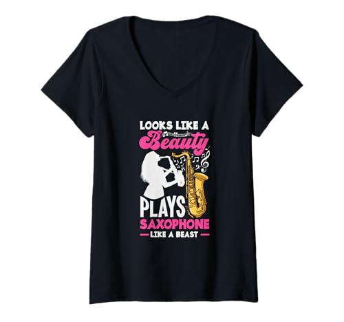 Damen Looks Like A Beauty Plays Saxophon Like A Beast Saxophon T-Shirt mit V-Ausschnitt Damen Looks Like A Beauty Plays Saxophon Like A Beast Saxophon T-Shirt mit V-Ausschnitt von Saxophone Musician Jazz Band Gifts and Gift Ideas