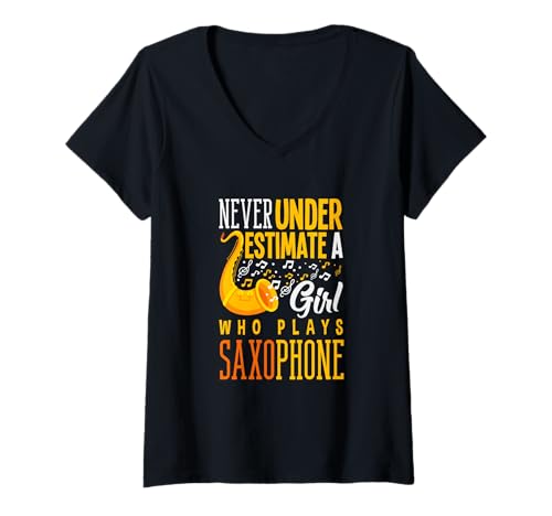 Damen Never Underestimate Girl with Saxophon Lustiges Saxophon T-Shirt mit V-Ausschnitt von Saxophone Musician Jazz Band Gifts and Gift Ideas