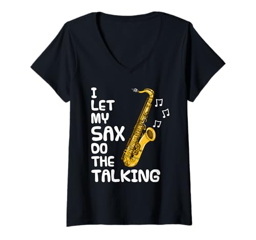 Damen Ich lasse mein Saxophon sprechen, Saxophonist introvertiert T-Shirt mit V-Ausschnitt Damen Ich lasse mein Saxophon sprechen, Saxophonist introvertiert T-Shirt mit V-Ausschnitt von Saxophone Player Musician Introvert By DoodleRob