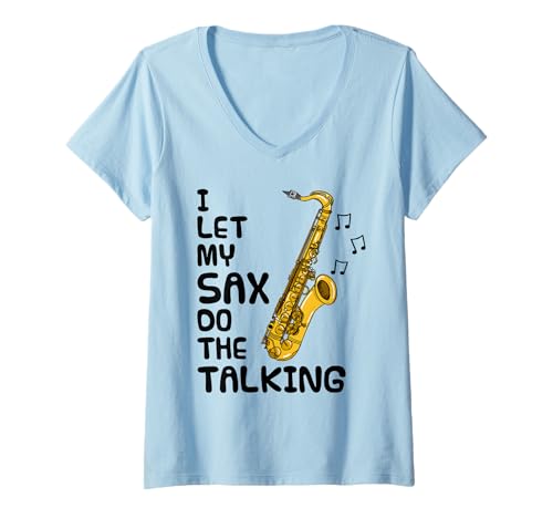 Damen Ich lasse mein Saxophon sprechen, Saxophonist introvertiert T-Shirt mit V-Ausschnitt Damen Ich lasse mein Saxophon sprechen, Saxophonist introvertiert T-Shirt mit V-Ausschnitt von Saxophone Player Musician Introvert By DoodleRob