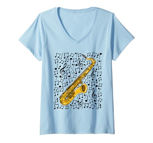 Damen Saxophon, Musiknoten, Saxophonist, Jazzmusiker T-Shirt mit V-Ausschnitt Damen Saxophon, Musiknoten, Saxophonist, Jazzmusiker T-Shirt mit V-Ausschnitt von Saxophone Teacher Music Notation Jazz By DoodleRob