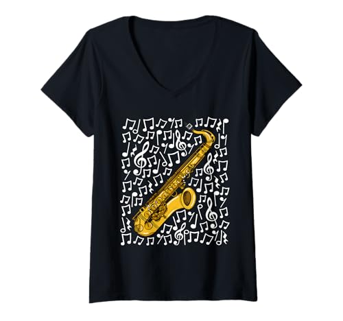Damen Saxophon Musiknoten Saxophonist Jazz Musiker T-Shirt mit V-Ausschnitt Damen Saxophon Musiknoten Saxophonist Jazz Musiker T-Shirt mit V-Ausschnitt von Saxophone Teacher Notation Sax Player By DoodleRob