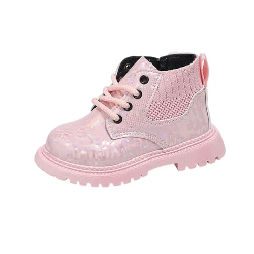 Glitzernde Knöchelhohe Stiefel für Mädchen 1–6 Jahre – Vorne Schnürung Seitlicher Reißverschluss Kunstleder Strickplatte Schulschuhe Wasserfest Niedliche Winter-Wanderschuhe von Saxrel