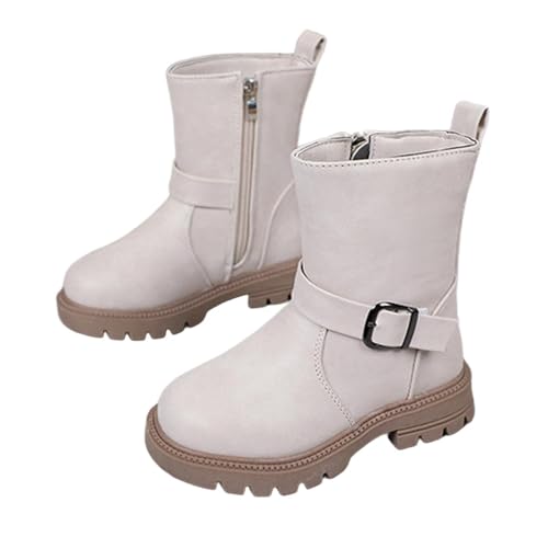 Halbhohe Stiefel für Mädchen 4–10 Jahre – Zuglasche Seitlicher Reißverschluss Schnallenriemen Wasserfest Glattes Kunstleder Schulschuhe Wanderstiefel Kampfstiefel von Saxrel