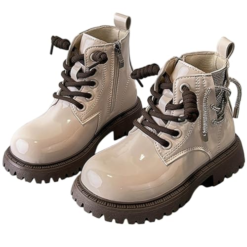 Hohe Stiefel für Mädchen 4–10 Jahre – Glänzendes Lackleder Kunstleder Kontrastnähte Schnürung Seitlicher Reißverschluss Zuglasche Schulschuhe Wasserfest Kampfstiefel von Saxrel