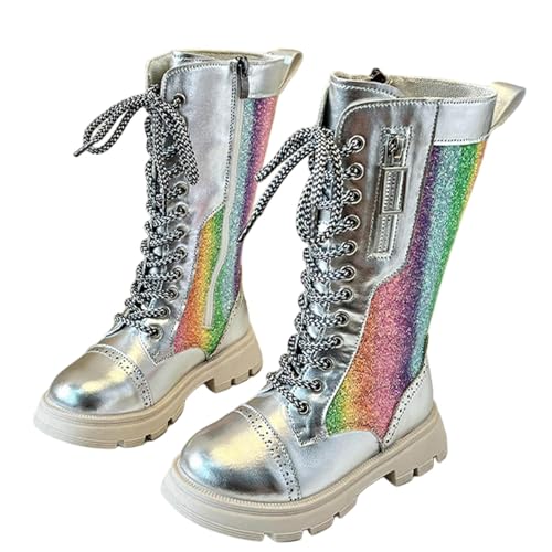 Kniehohe Stiefel für Mädchen 4–11 Jahre – Vorne Schnürung Seitlicher Reißverschluss Süßer Steampunk-Stil Dicke Gummisohle Kunstleder Schulschuhe Wasserfest Kampfstiefel von Saxrel