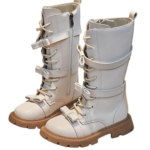 Kniehohe Stiefel für Mädchen 4–11 Jahre – Vorne Schnürung Seitlicher Reißverschluss Süßer Steampunk-Stil Dicke Gummisohle Kunstleder Schulschuhe Wasserfest Kampfstiefel von Saxrel