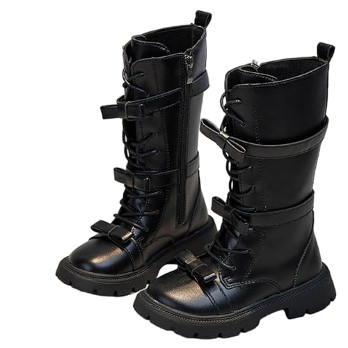 Kniehohe Stiefel für Mädchen 4–11 Jahre – Vorne Schnürung Seitlicher Reißverschluss Süßer Steampunk-Stil Dicke Gummisohle Kunstleder Schulschuhe Wasserfest Kampfstiefel von Saxrel