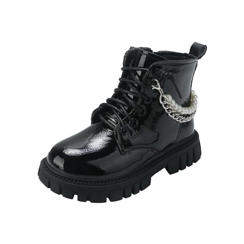 Knöchelhohe Schnürstiefel für Mädchen 4–10 Jahre – Niedriger Absatz Kunstleder Schulschuhe Perlen-Metall-Dekoration Winter Outdoor-Wanderschuhe von Saxrel