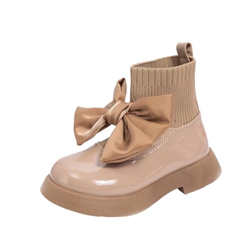 Knöchelhohe Stiefel für Mädchen 4–10 Jahre – Schleife Kunstleder Strick-Panel Schulschuhe Prinzessinnen-Schnappverschluss Niedriger Absatz Atmungsaktiv Leichte Winter-Wanderschuhe von Saxrel