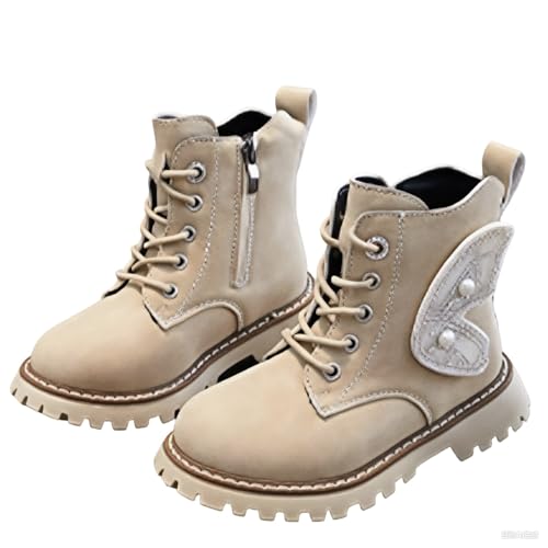 Knöchelhohe Stiefel für Mädchen 4–11 Jahre – Vorne Schnürung Seitlicher Reißverschluss Herzförmige Flügel Perlendetails Zuglasche Schulschuhe Wasserfest Outdoor-Kampfstiefel von Saxrel