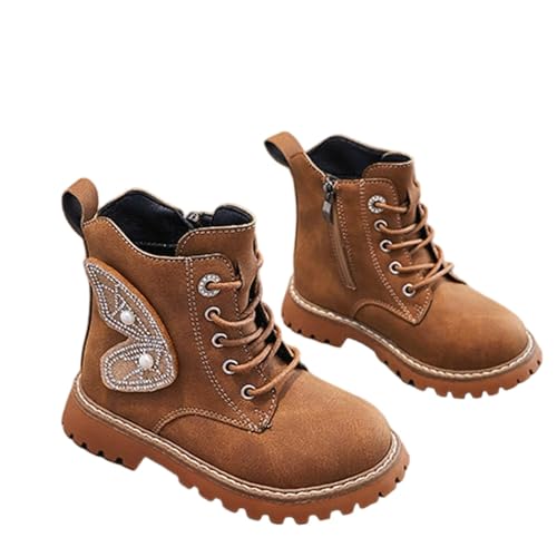 Knöchelhohe Stiefel für Mädchen 4–11 Jahre – Vorne Schnürung Seitlicher Reißverschluss Herzförmige Flügel Perlendetails Zuglasche Schulschuhe Wasserfest Outdoor-Kampfstiefel von Saxrel