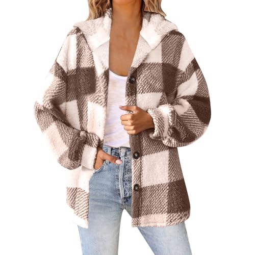 Shacket Shacket Jacke Winter Warm Sherpa Fleece Flauschig Locker Sport Herbst Kleidung Hemd Mantel Button-Down Kariert Hoodie Thermisch Dick Mit Kapuze Kariert Strickjacke von Saxrel