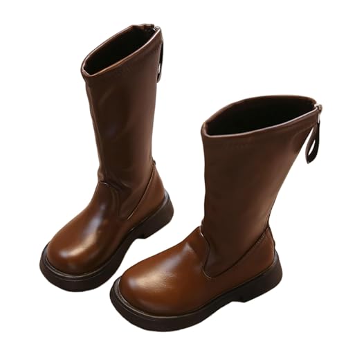Wadenlange Stiefel für Mädchen 4–10 Jahre – Mittlere Spitze Hinten Langer Reißverschluss Glattes Kunstleder Wasserfest Schulschuhe Outdoor-Walking-Kampfstiefel von Saxrel