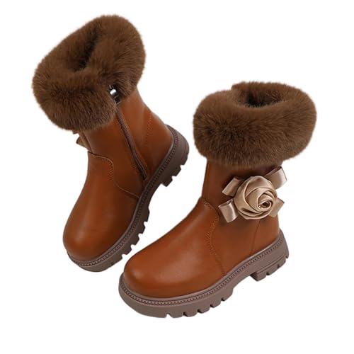 Wadenlange Wanderstiefel für Mädchen 4–10 Jahre – Seitlicher Reißverschluss Blumenverzierung Wasserfest Flauschiges Fleecefutter Warm Kunstleder Schulschuhe Kampfstiefel von Saxrel