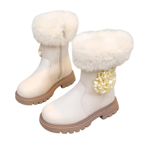 Wadenlange Wanderstiefel für Mädchen 4–10 Jahre – Seitlicher Reißverschluss Blumenverzierung Wasserfest Flauschiges Fleecefutter Warm Kunstleder Schulschuhe Kampfstiefel von Saxrel