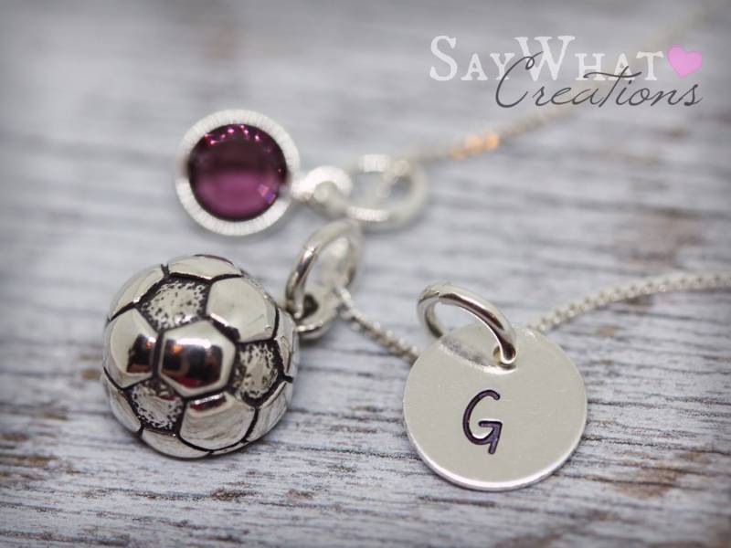sterling Silber Mini Initial Charm Halskette Mit Fußball Ball Und Geburtsstein von SayWhatCreations