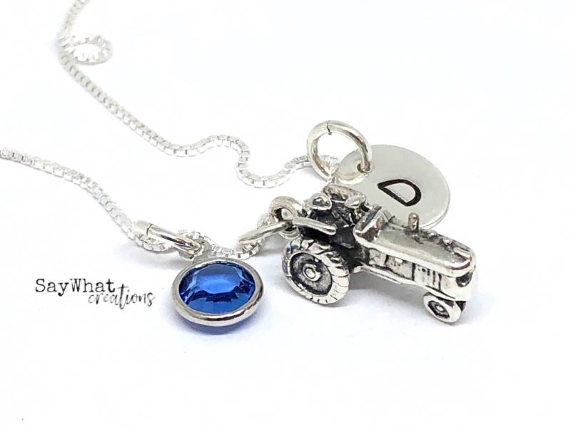 sterling Silber Mini Initial Hand Gestempelt Traktor Anhänger Halskette von SayWhatCreations