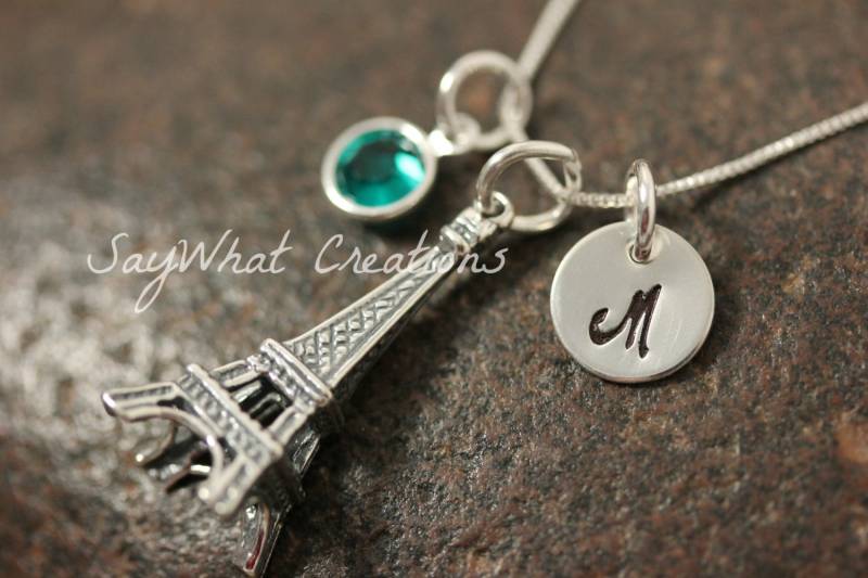 sterling Silber Mini Initiale Handgestempelt Paris Eiffelturm Charm Kette von SayWhatCreations