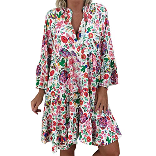 Sayla Damen Boho Strandkleid Langarm Tunika Sommerkleid V-Ausschnitt Kleid Lose Blumenkleid Floral Minikleid 3/4 Arm Damen Loses Kleid Midikleid (Mehrfarbig, XXXXXL) von Sayla