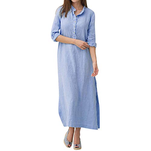 Sayla Damen Kleid, Kaftan Cotton Langarm Plain Casaul Übergroße Maxi Long Shirt Kleid Knöchellang Übergroße Maxi Long Shirt Kleid (Blau, L) von Sayla