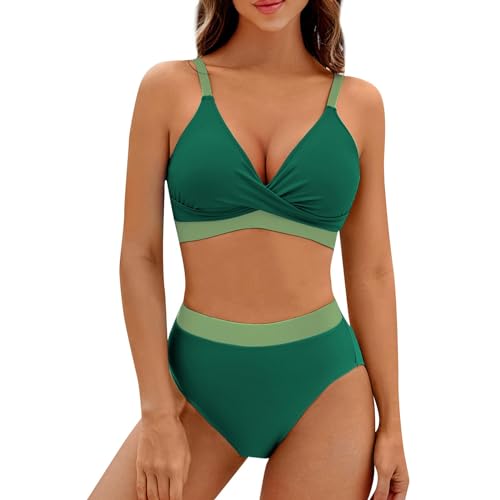Badeanzüge Damen Große Größen Schwimmkleid Badeanzug Damen Neckholder Sport Bikini Badeanzug Damen Mit Bein Bikini String Damen Set Zweiteiler Damen Sommer Tankini Oberteil Damen（1-Green,XL von Saymany