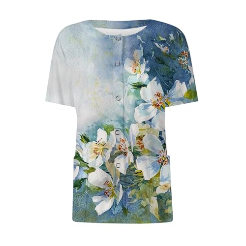 Berufskleidung Damen Niedliche Kasack Damen Berufskleidung Rot Schwesternkittel Grün Arbeitsärmel Tasche Atmungsaktiv Kasack Mit Motiv 5XL Kassack Bunt XXL Damen Kasacks Pflege (2-Blue,L) von Saymany