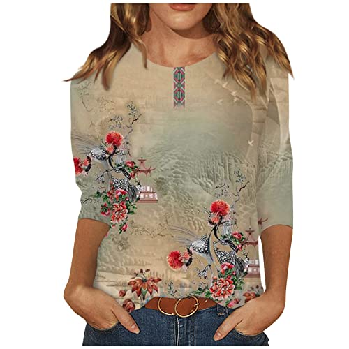 Bluse Damen Elegant Damen T-Shirt 3/4 Arm Oberteile Tops Bunte Blumenmuster Druck Shirt Lose Rundhals Sommershirts Mode Damenblusen Langarm Blumen Bluse Tshirt von Saymany