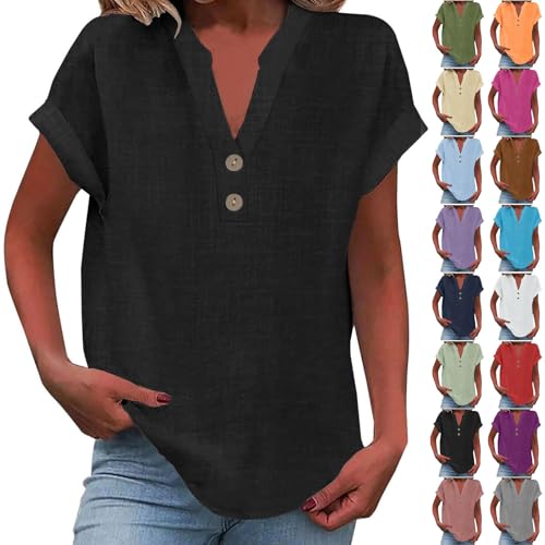 Bluse Damen Sommer locker Oversized Leinenbluse Basic V-Ausschnitt Kurzarm T-Shirt Lässiges Musselin Oberteile Button Down Bequemes Sexy Modisch Licht Hemdbluse Tunika Top von Saymany