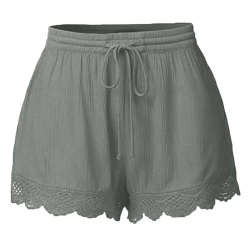 Damen Hosen Sommer Spitzenrand Stoffhose Strand Kurze Hose Baumwolle Leicht Leinenhose Damen Weites Bein Sport Shorts Mädchen Bequeme Sommer Outfit Damen Sommer Kurze Hosen Damen(2-Gray,S) von Saymany