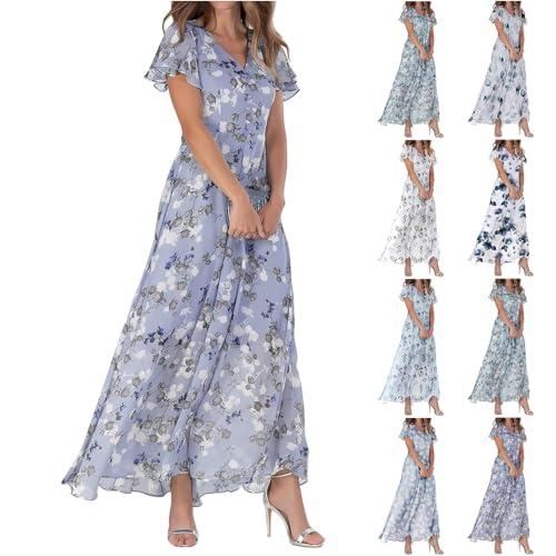 Damen Kleider Sommer Lang Blumendruck Tunika Trägerkleid Lässig Sommerkleid Knielang V-Ausschnitt Kleider Kleine Frauen Ärmellos V-Ausschnitt Ärmellos Kleid Sommerkleid Damen Lang(Light Purple,XXL) von Saymany