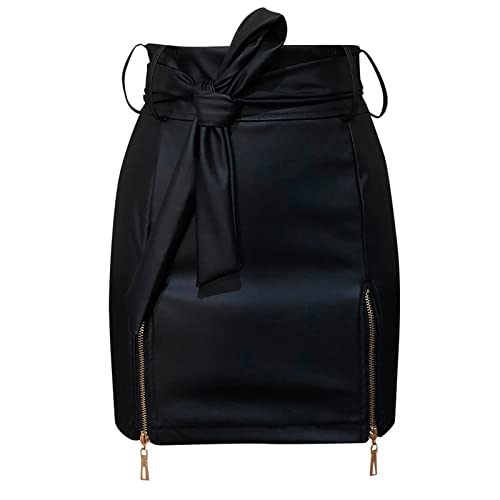 Damen Lederrock Knielang, Hohe Taille Kunstleder Minirock Enges Bleistiftrock Schwarze Pu-Leder-Nähte Split Herbst Minikleider A Linie Leder Rock Mini Röcke Party Clubwear von Saymany