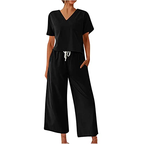 Damen Leinen Zweiteiler Outfit Sommer Hose und T-Shirt 2 Teiler Anzug Casual Einfarbig Hosenanzug Freizeitanzug Set Einfarbige Leinenanzug Sportanzug Sommer Leicht Loungewear Set Streatwear von Saymany