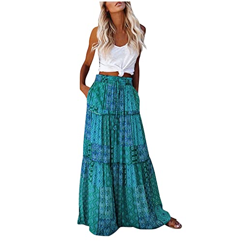 Damen Rock Vintage Maxirock Blumendruck Casual Sommerrock Faltenrock Strandrock Böhmen Hohe Taille Sommer Lange Rock Damen A Linie Freizeitrock Elastische Taille Strandrock Fließender Rock von Saymany