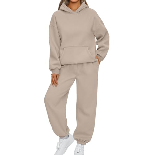 Damen Trainingsanzug Set - Weich Sweatshirts Warm Jogginganzug Langarm Top + Lang Hosen Pullover Lässig Freizeitanzug Elegant Angebot (3-Beige, S) von Saymany
