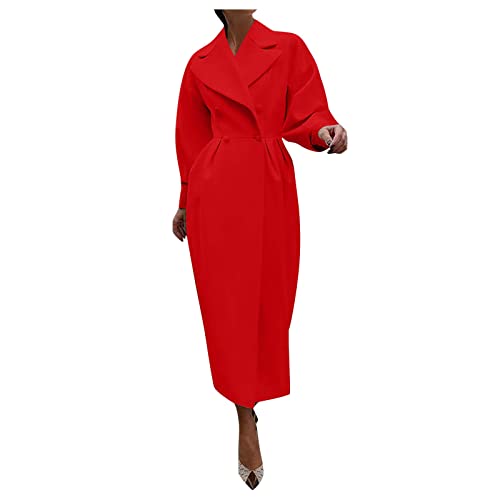 Damen Trenchcoat Wollmantel Lange Wolljacke mit Reverskragen Retro Ballonärmel Wintermantel Frauen Übergangs Jacke Warme Winterjacke Slim Fit Langemantel Herbst Windjacke von Saymany