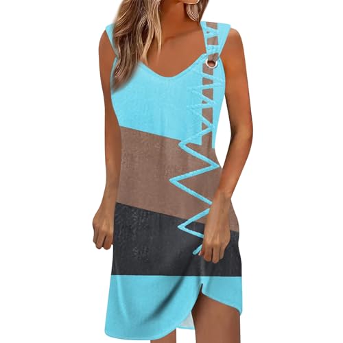 Elegante Sommerkleider Damen Teenager Mädchen Boho-Kleid Spaghettiträger a Linien Kleid Große Größen Kleid Damen Kurz Leicht Kleid a Linie Damen Lässig Sommerkleider Damen Midi(3-Light Blue,L) von Saymany
