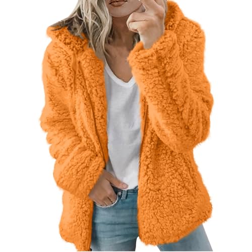 Fleecejacke Damen Mit Kapuze Elegant Plüsch Jacken Für Damen Teddyfleece Jacke Damen Winterpullover Damen Warm Kurzmantel Damen Mantel Lang Kaputzensweatshirtjacke Damen -Jacken Winter(3-Orange,L) von Saymany