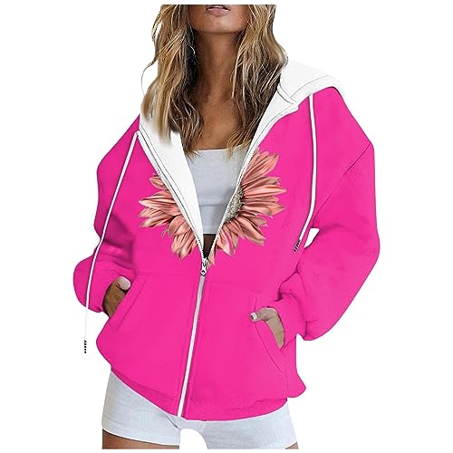 Hoodie Jacke Damen Fleecejacke Damen Hoodie Damen Oversize Mit Kapuze Damen Pullover Lang Strickjacke Damen Lang, Oversize Pullover Damen Kaputzenpuloverer Damen Strickjacke Damen(3-Hot Pink,XXL von Saymany