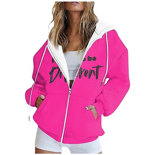 Kapuzenjacke Damen Oversize Pullover Trainingsjacke Sweatjacke Ohne Kapuze Hoody Kuschel Zip Hoodie Y2k (Hot Pink, XL) von Saymany