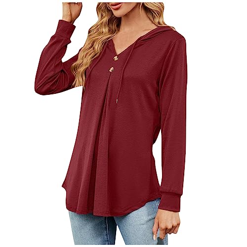 Kapuzenpullover Damen Hoodie Langarm V-Ausschnitt Pullover Knopfleiste Henley Sweatshirt mit Kapuze Kordelzug Oberteil Loungewear Hoodie Leicht Falten Langarmshirt Oberteile Sweatshirts von Saymany