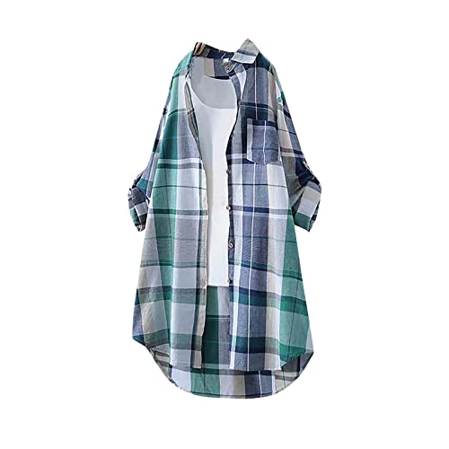 Karierte Bluse Damen Oversize Langarm Shirt Lang Knopfleiste Hemd Lose Frühling Sommershirt Blusenshirt Oberteile Tunika Große Größen Tops T-Shirts & Blusen für Frauen Übergröße Longbluse von Saymany