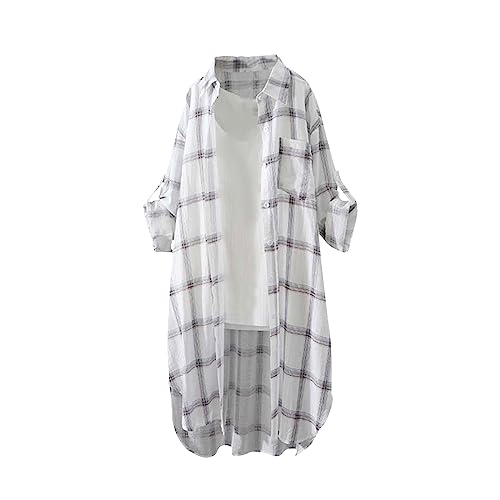 Karierte Bluse Damen Oversize Langarm Shirt Lang Knopfleiste Hemd Lose Frühling Sommershirt Blusenshirt Oberteile Tunika Große Größen Tops T-Shirts & Blusen für Frauen Übergröße Longbluse von Saymany