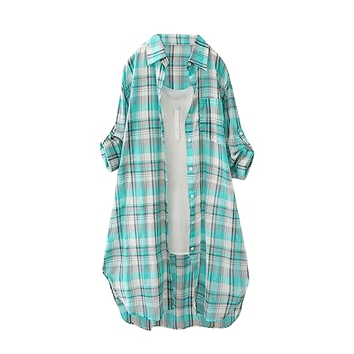 Karierte Bluse Damen Oversize Langarm Shirt Lang Knopfleiste Hemd Lose Frühling Sommershirt Blusenshirt Oberteile Tunika Große Größen Tops T-Shirts & Blusen für Frauen Übergröße Longbluse von Saymany