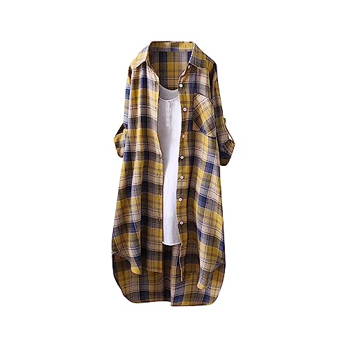 Karierte Bluse Damen Oversize Langarm Shirt Lang Knopfleiste Hemd Lose Frühling Sommershirt Blusenshirt Oberteile Tunika Große Größen Tops T-Shirts & Blusen für Frauen Übergröße Longbluse von Saymany