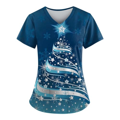 Kasacks Damen Pflege Große Größen Uniform Weihnachts Kasack Damen Weiße Jeans Damen Kasaks Altenpflege Damen, Weihnachtspulli Lustig Arbeitskittel Damen Weihnachtsshirt Arztkittel Damen（3-Blue,XL) von Saymany