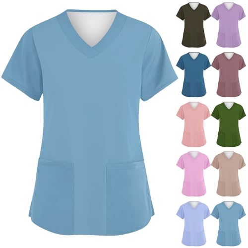 Kasacks Damen Pflege Schlupfhemd Bluse Kurzarm V-Ausschnitt Schlupfkasack Uniform Berufsbekleidung Krankenschwester Atmungsaktiv Nurse Arbeitskleidung T-Shirt Tops mit Taschen von Saymany